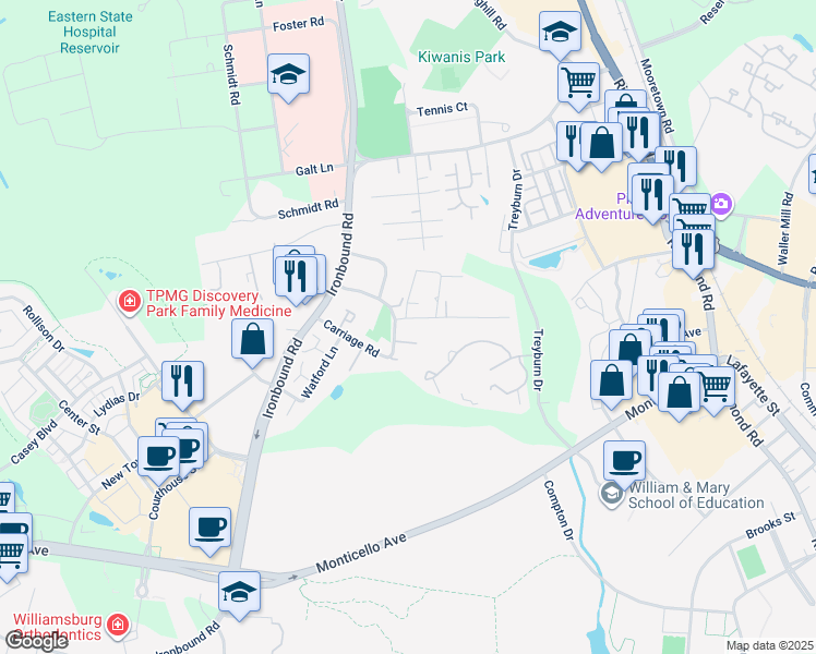 map of restaurants, bars, coffee shops, grocery stores, and more near 306 Carriage Road in Williamsburg