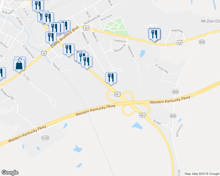 map of restaurants, bars, coffee shops, grocery stores, and more near 302 S 2nd St in Central City