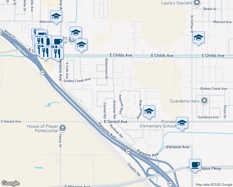 map of restaurants, bars, coffee shops, grocery stores, and more near 296 Brimmer Road in Merced