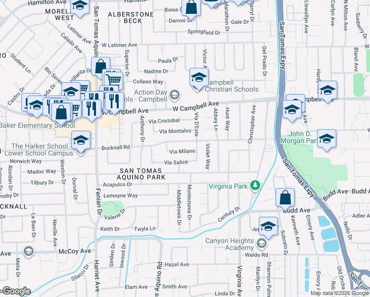map of restaurants, bars, coffee shops, grocery stores, and more near 3902 Bucknall Road in Campbell