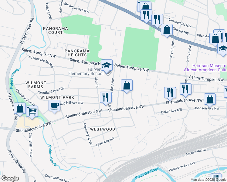 map of restaurants, bars, coffee shops, grocery stores, and more near 603 Westwood Boulevard Northwest in Roanoke