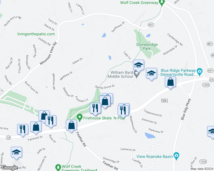 map of restaurants, bars, coffee shops, grocery stores, and more near 315 Spring Grove Drive in Vinton