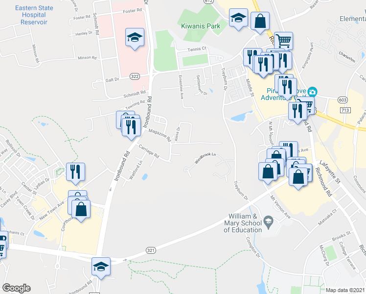 map of restaurants, bars, coffee shops, grocery stores, and more near 307 Carriage Road in Williamsburg