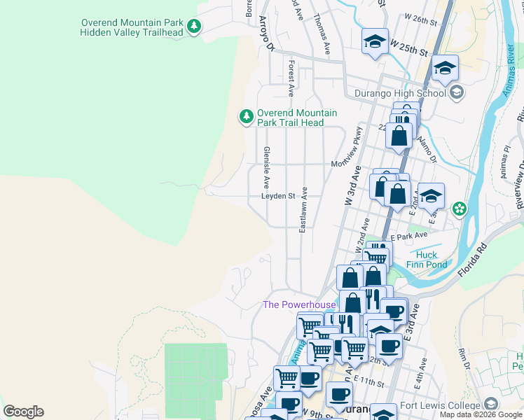 map of restaurants, bars, coffee shops, grocery stores, and more near 1828 Glenisle Avenue in Durango