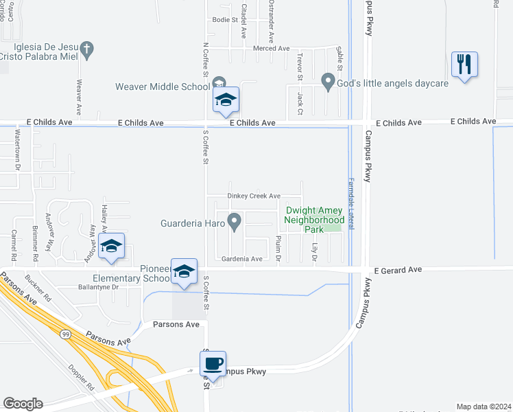 map of restaurants, bars, coffee shops, grocery stores, and more near 3153 Sweet Pea Avenue in Merced