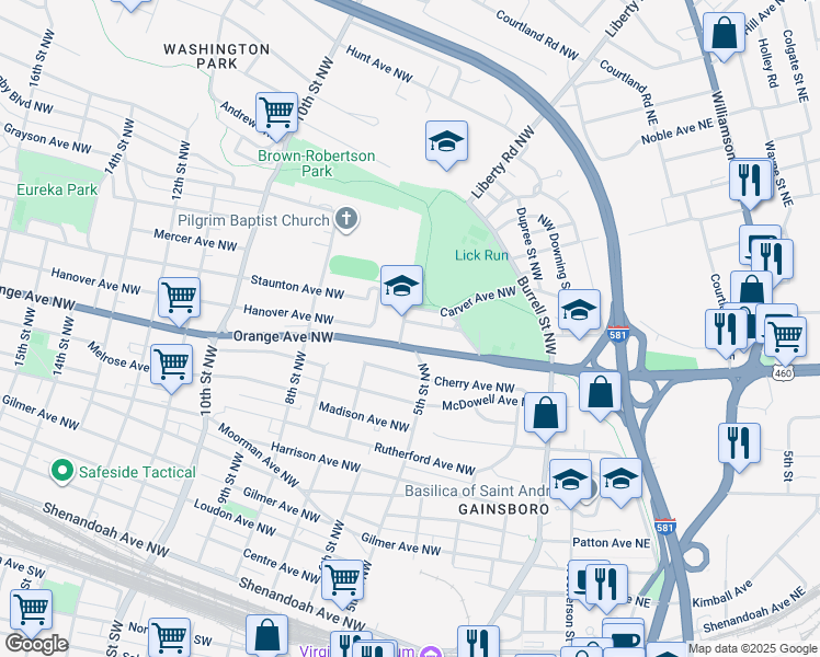 map of restaurants, bars, coffee shops, grocery stores, and more near 426 Hanover Avenue Northwest in Roanoke