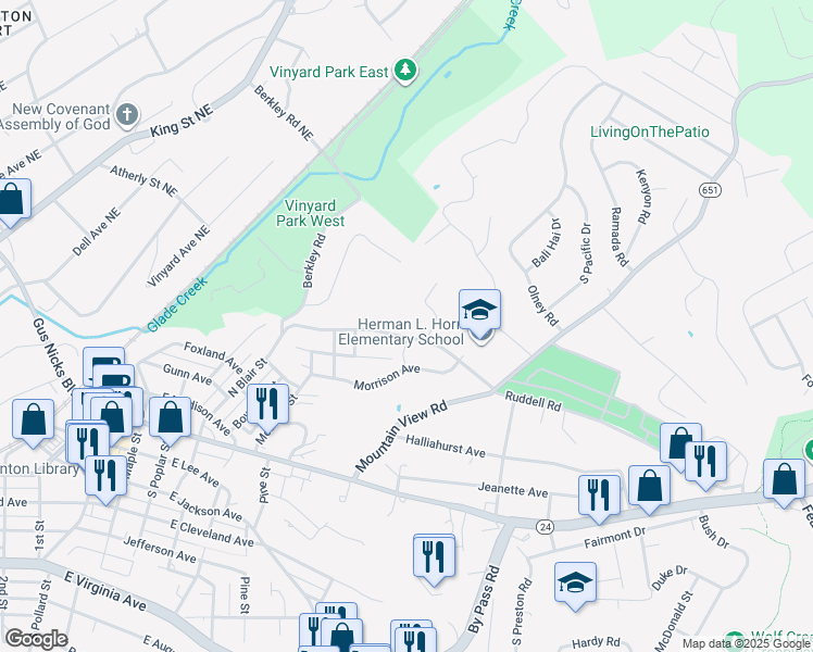 map of restaurants, bars, coffee shops, grocery stores, and more near 814 Ruddell Road in Vinton