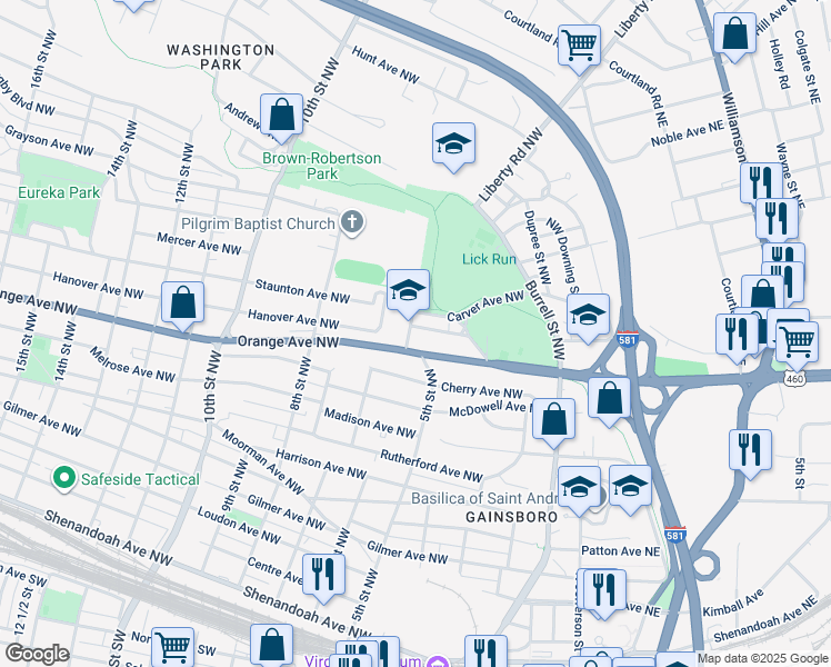 map of restaurants, bars, coffee shops, grocery stores, and more near 426 Hanover Avenue Northwest in Roanoke