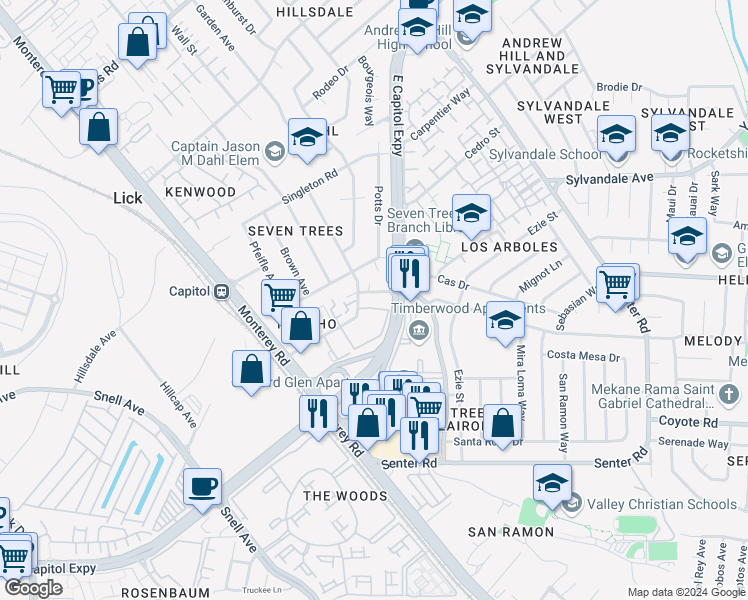 map of restaurants, bars, coffee shops, grocery stores, and more near 3819 Seven Trees Boulevard in San Jose