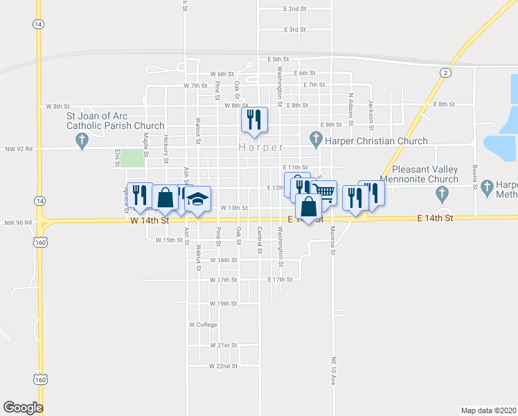 map of restaurants, bars, coffee shops, grocery stores, and more near 100 West 13th Street in Harper