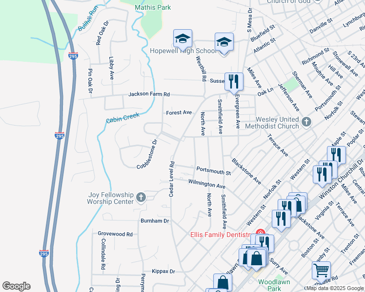 map of restaurants, bars, coffee shops, grocery stores, and more near 525 Cedar Level Road in Hopewell