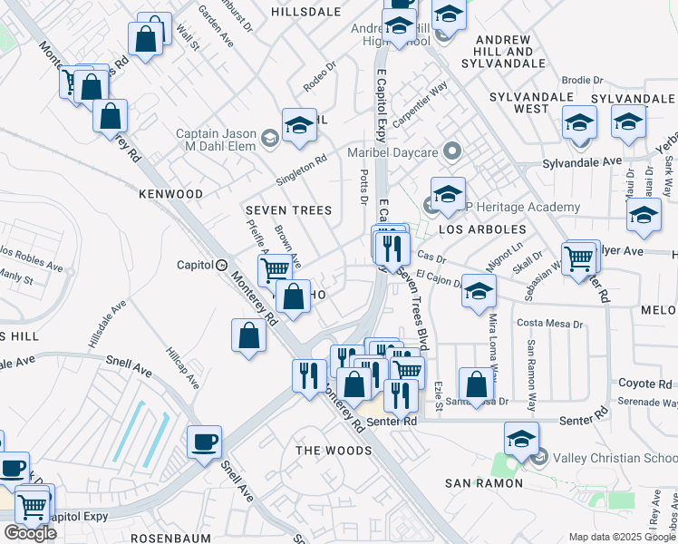 map of restaurants, bars, coffee shops, grocery stores, and more near 139 Rancho Drive in San Jose