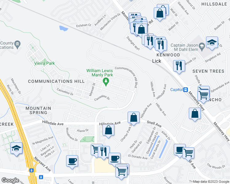 map of restaurants, bars, coffee shops, grocery stores, and more near 3006 Henry Miller Place in San Jose