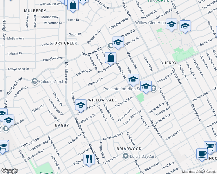 map of restaurants, bars, coffee shops, grocery stores, and more near 1641 Sweetbriar Drive in San Jose