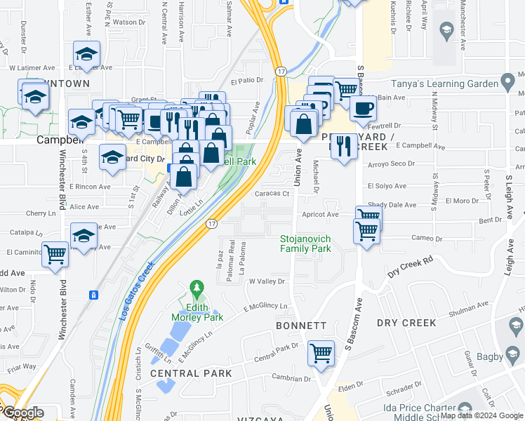 map of restaurants, bars, coffee shops, grocery stores, and more near 215 Union Avenue in Campbell