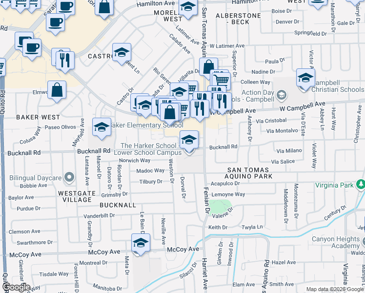 map of restaurants, bars, coffee shops, grocery stores, and more near 1665 Whitwood Lane in Campbell