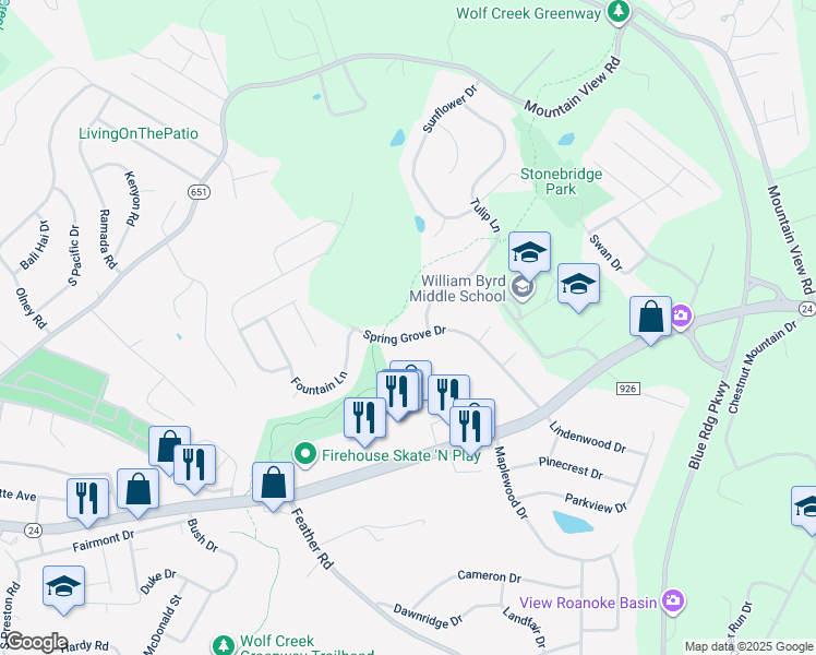 map of restaurants, bars, coffee shops, grocery stores, and more near 315 Spring Grove Drive in Vinton