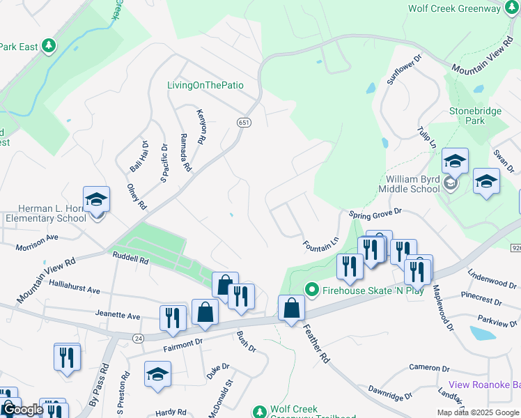 map of restaurants, bars, coffee shops, grocery stores, and more near 2804 Matthew Drive in Vinton
