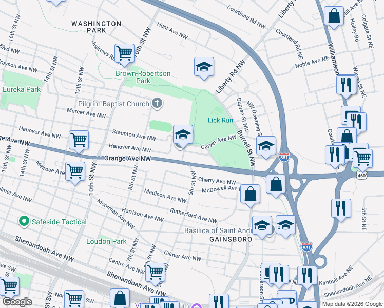map of restaurants, bars, coffee shops, grocery stores, and more near 1248-1272 5th Street Northwest in Roanoke