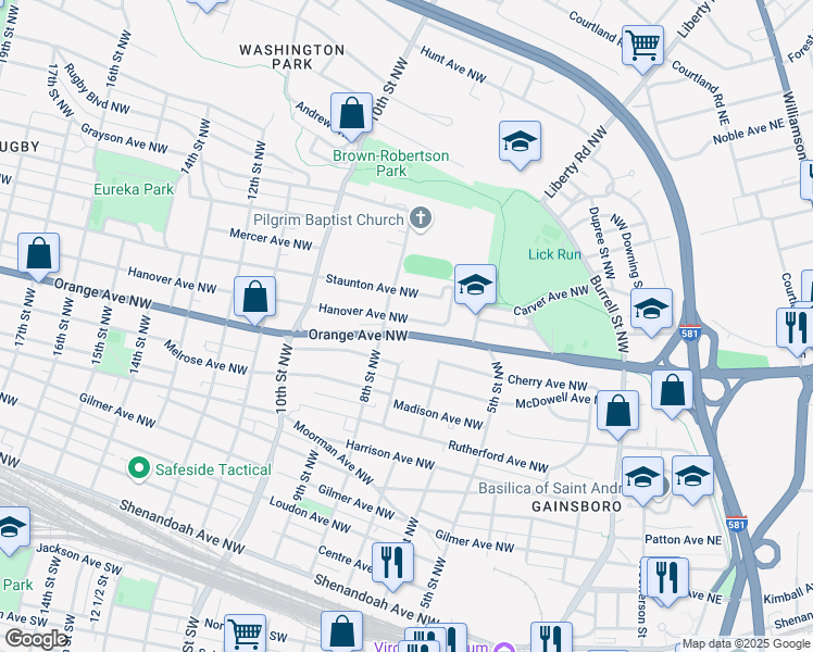 map of restaurants, bars, coffee shops, grocery stores, and more near 723 Hanover Avenue Northwest in Roanoke