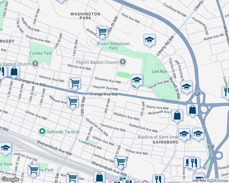 map of restaurants, bars, coffee shops, grocery stores, and more near 723 Hanover Avenue Northwest in Roanoke