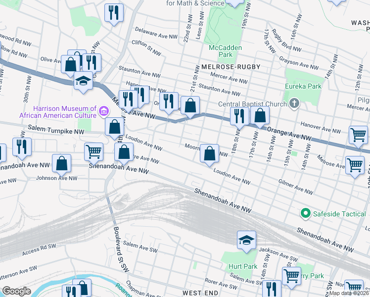 map of restaurants, bars, coffee shops, grocery stores, and more near 2031 Moorman Avenue Northwest in Roanoke