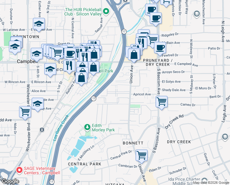 map of restaurants, bars, coffee shops, grocery stores, and more near 225 Union Avenue in Campbell