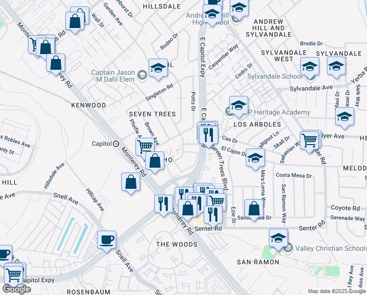 map of restaurants, bars, coffee shops, grocery stores, and more near 139 Rancho Dr in San Jose