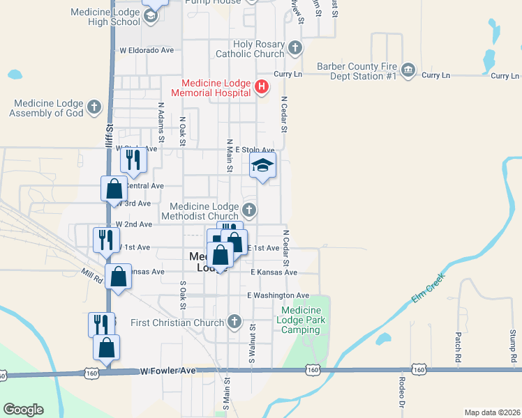 map of restaurants, bars, coffee shops, grocery stores, and more near 306 North Walnut Street in Medicine Lodge