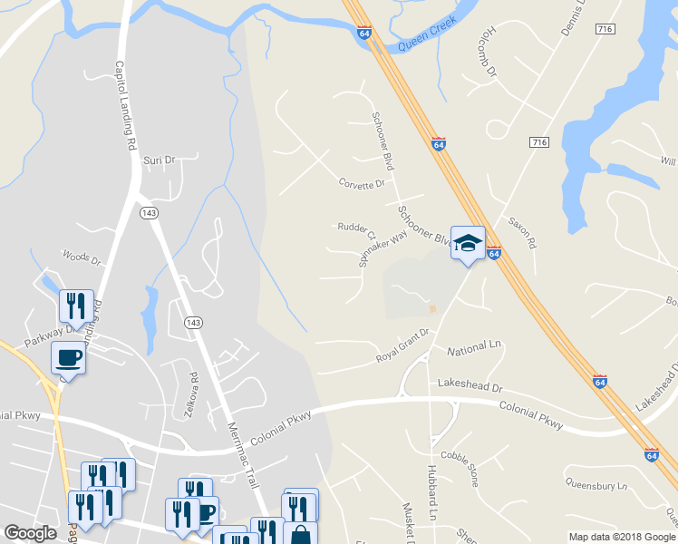 map of restaurants, bars, coffee shops, grocery stores, and more near 106 Yardarm Court in Williamsburg