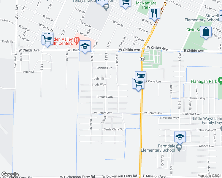 map of restaurants, bars, coffee shops, grocery stores, and more near 563 Margaret Court in Merced