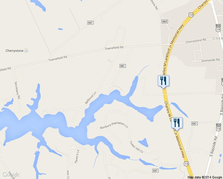 map of restaurants, bars, coffee shops, grocery stores, and more near 21435 Obedience Ln in Cape Charles