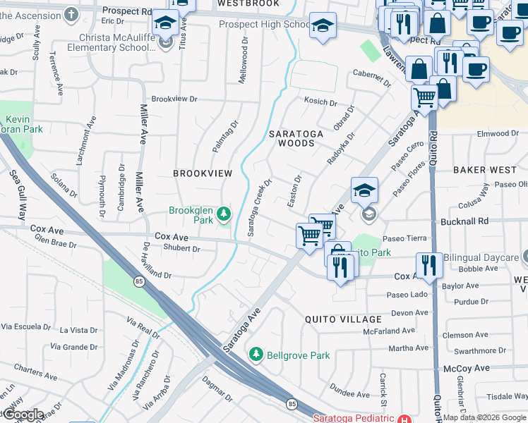 map of restaurants, bars, coffee shops, grocery stores, and more near 19095 Saratoga Glen Place in Saratoga