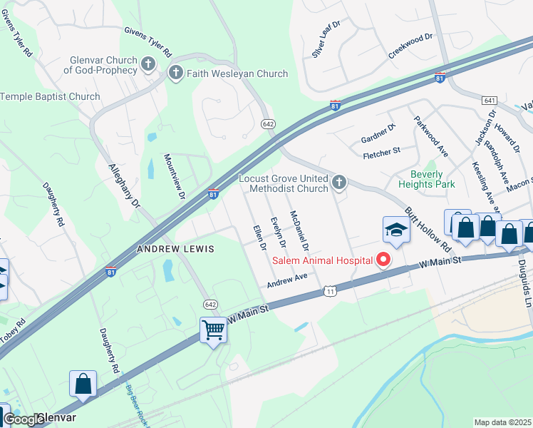 map of restaurants, bars, coffee shops, grocery stores, and more near 3628 Evelyn Drive in Salem