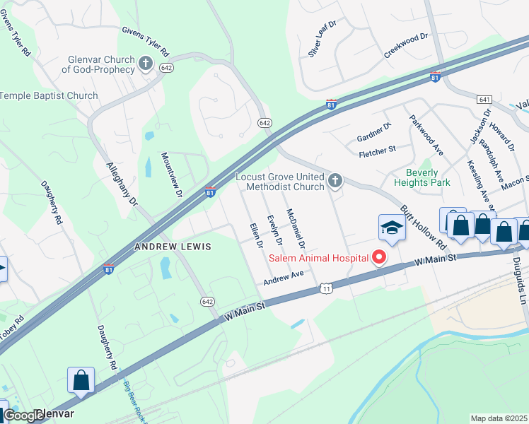 map of restaurants, bars, coffee shops, grocery stores, and more near 3628 Evelyn Drive in Salem
