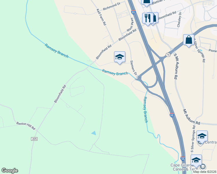 map of restaurants, bars, coffee shops, grocery stores, and more near 200 Lett Lane in Cape Girardeau