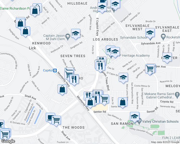 map of restaurants, bars, coffee shops, grocery stores, and more near 3819 Seven Trees Boulevard in San Jose