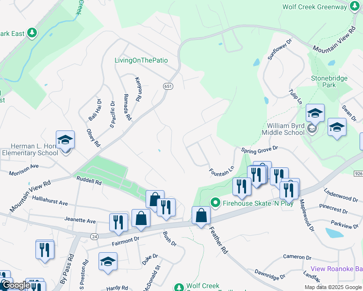map of restaurants, bars, coffee shops, grocery stores, and more near 2804 Matthew Drive in Vinton