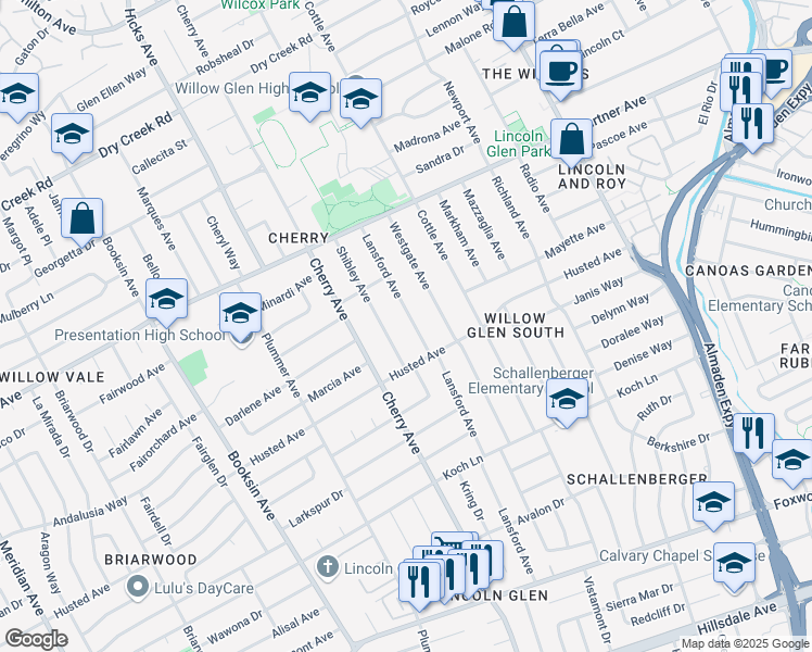 map of restaurants, bars, coffee shops, grocery stores, and more near 2407 Lansford Avenue in San Jose