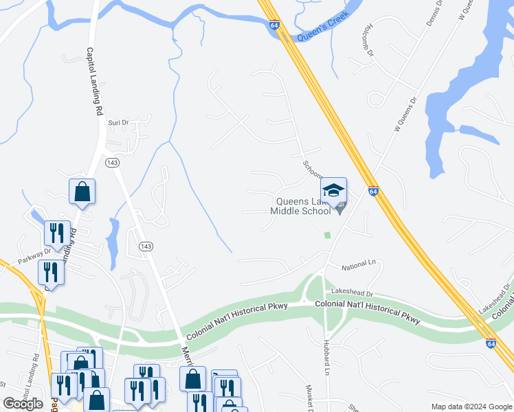 map of restaurants, bars, coffee shops, grocery stores, and more near 106 Yardarm Court in Williamsburg