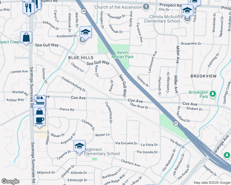 map of restaurants, bars, coffee shops, grocery stores, and more near 19831 Veronica Drive in Saratoga