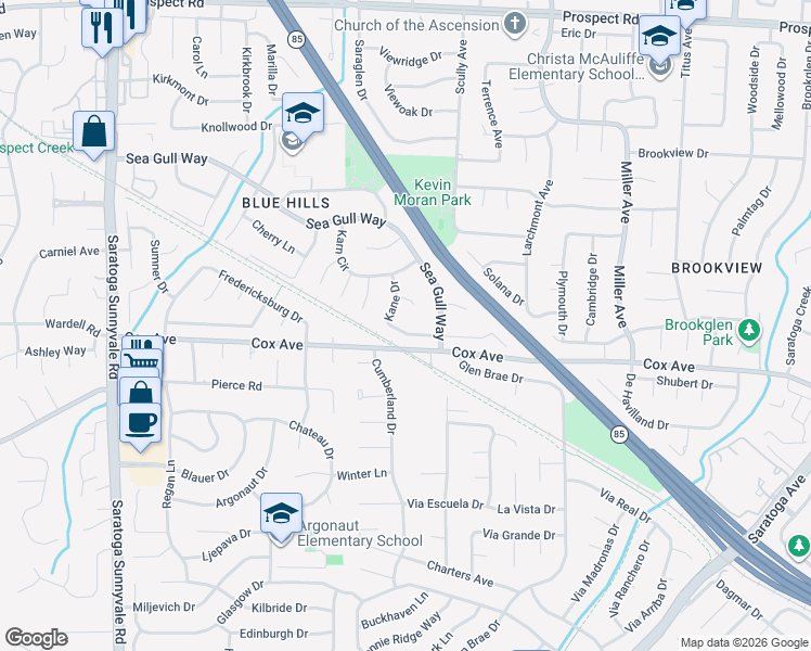 map of restaurants, bars, coffee shops, grocery stores, and more near 19831 Veronica Drive in Saratoga