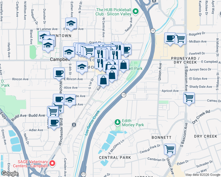 map of restaurants, bars, coffee shops, grocery stores, and more near 404 Robin Ridge Way in Campbell