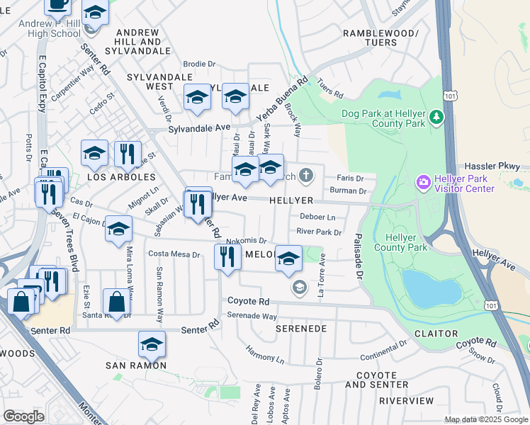 map of restaurants, bars, coffee shops, grocery stores, and more near 4101 Valleybrook Court in San Jose