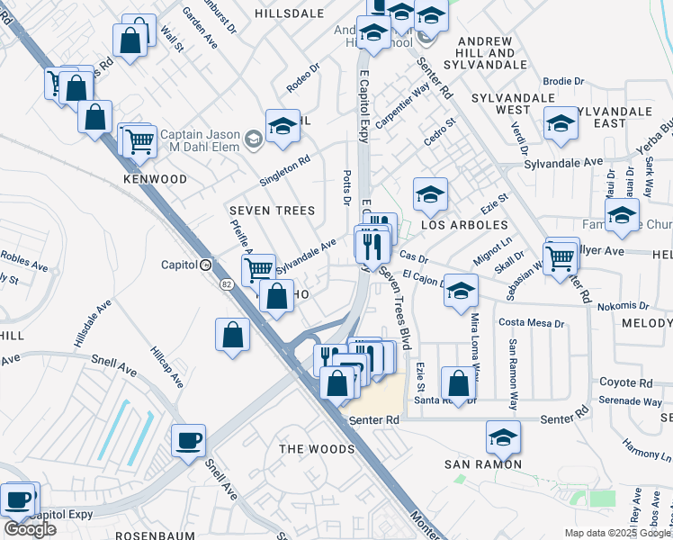 map of restaurants, bars, coffee shops, grocery stores, and more near 139 Rancho Drive in San Jose