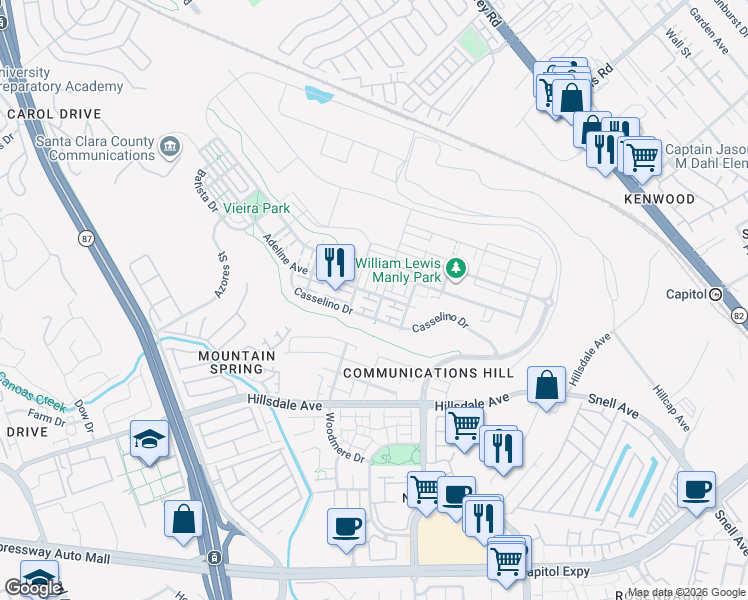 map of restaurants, bars, coffee shops, grocery stores, and more near 388 Adeline Avenue in San Jose