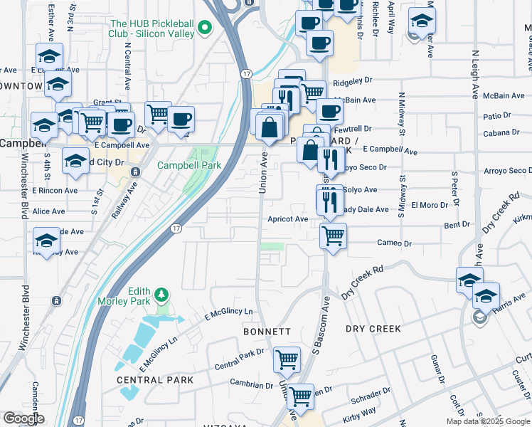 map of restaurants, bars, coffee shops, grocery stores, and more near 200 Michael Drive in Campbell