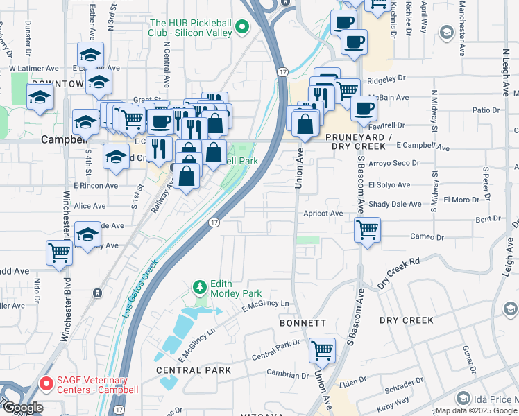 map of restaurants, bars, coffee shops, grocery stores, and more near 215 Union Avenue in Campbell