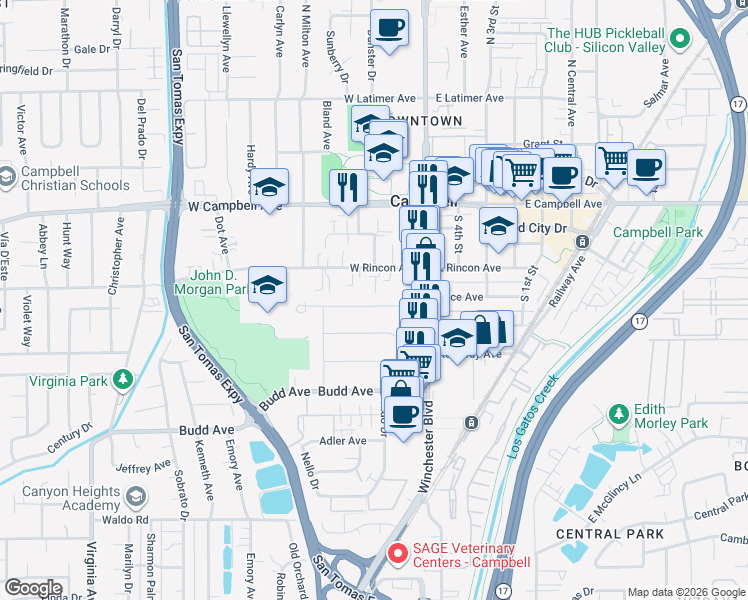 map of restaurants, bars, coffee shops, grocery stores, and more near 89 Cherry Lane in Campbell
