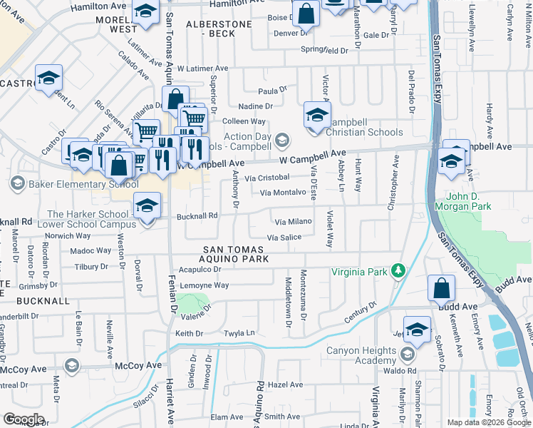map of restaurants, bars, coffee shops, grocery stores, and more near 2111 Vía Roma in Campbell